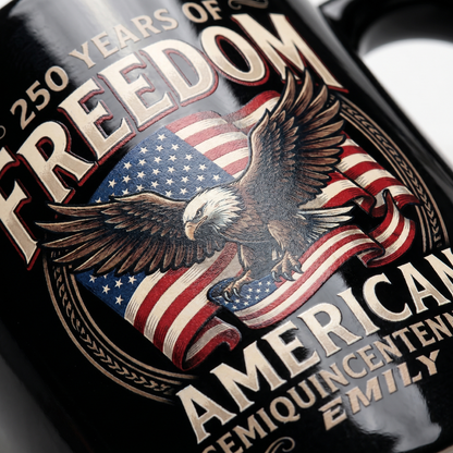 250 Years of Freedom America Personalized Black Mug – Custom Name Patriotic Semiquincentennial Mug