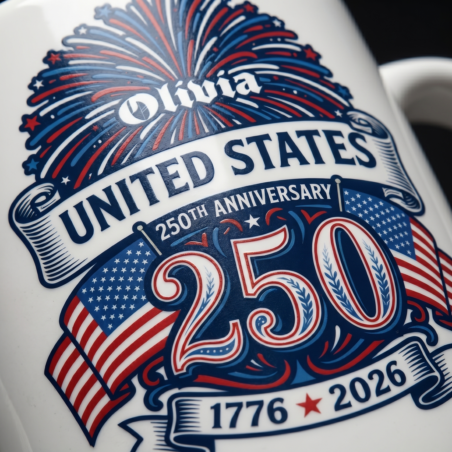United States 250th Anniversary Personalized White Mug – Custom Name America 1776–2026 Fireworks Mug