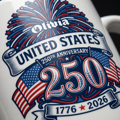 United States 250th Anniversary Personalized White Mug – Custom Name America 1776–2026 Fireworks Mug