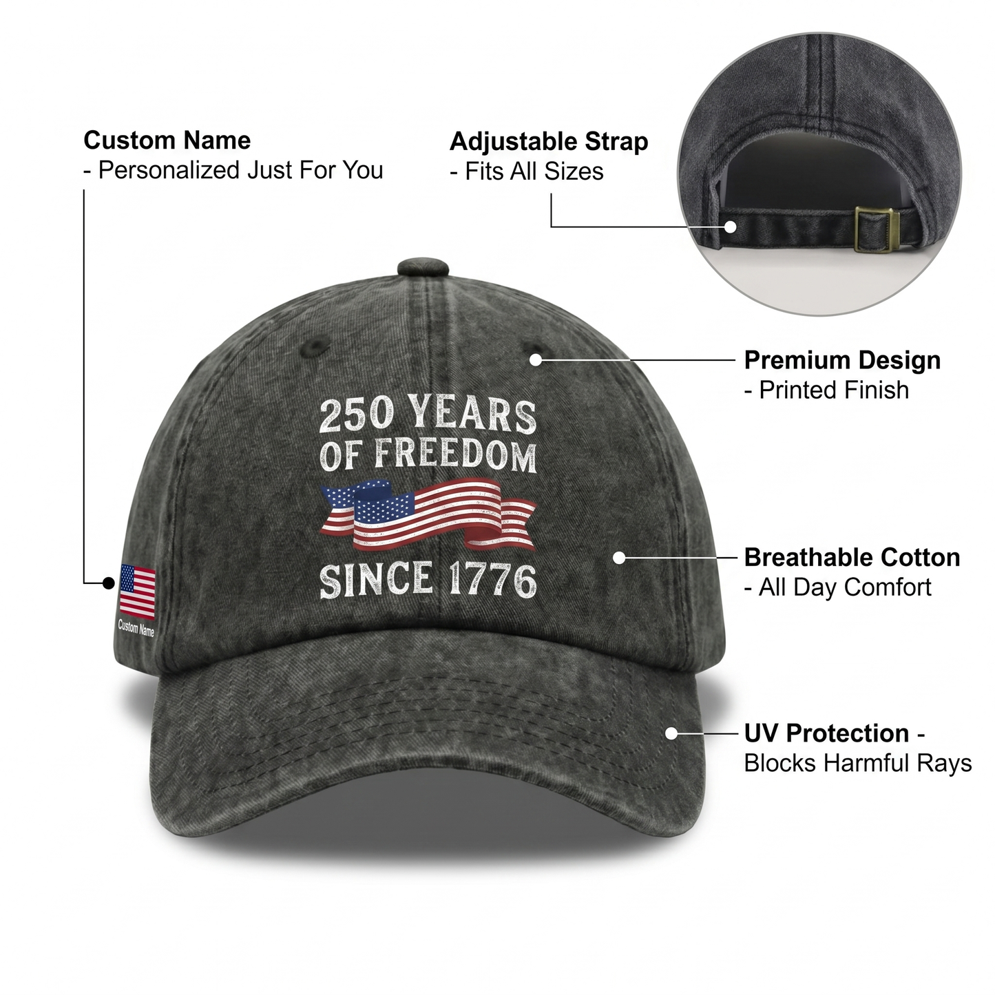 250 Years Of Freedom Since 1776 Custom Name Washed Denim Baseball Cap