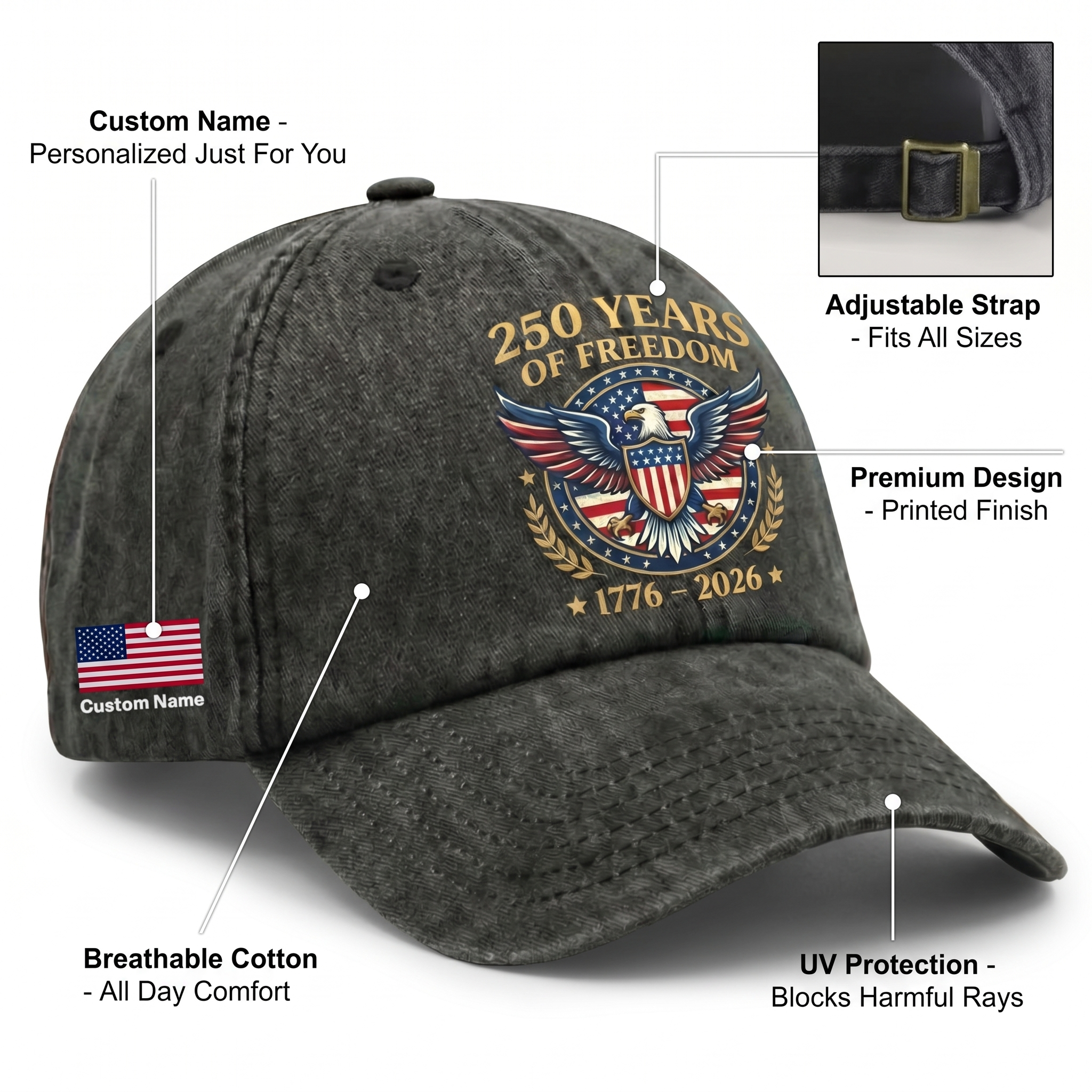 250 Years Of Freedom 1776–2026 Eagle Custom Name Washed Denim Baseball Cap