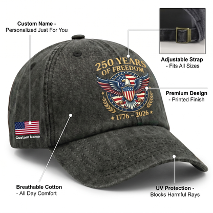 250 Years Of Freedom 1776–2026 Eagle Custom Name Washed Denim Baseball Cap
