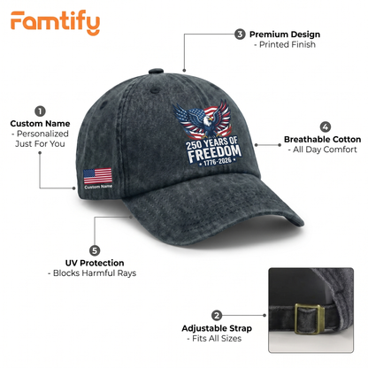 250 Years of Freedom Eagle Washed Denim Baseball Cap – Custom Name Patriotic USA Hat 1776-2026