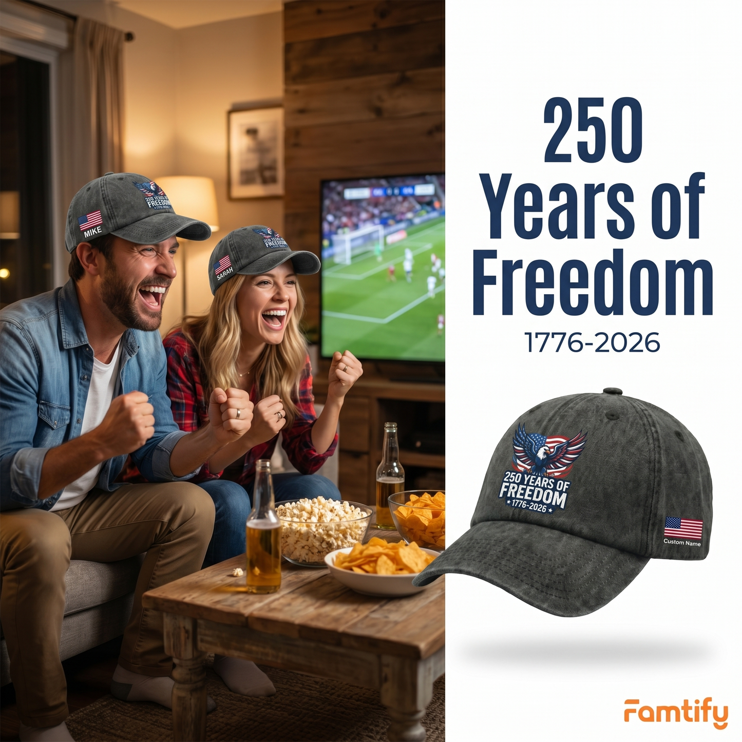 250 Years of Freedom Eagle Washed Denim Baseball Cap – Custom Name Patriotic USA Hat 1776-2026