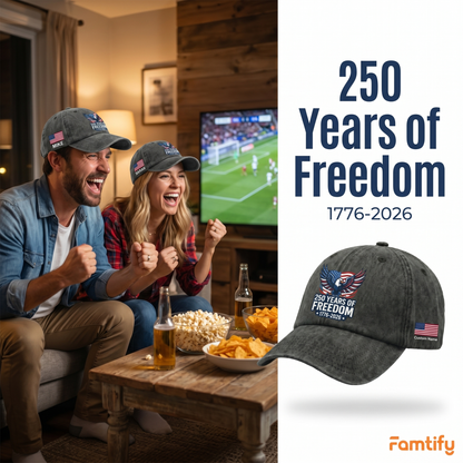 250 Years of Freedom Eagle Washed Denim Baseball Cap – Custom Name Patriotic USA Hat 1776-2026