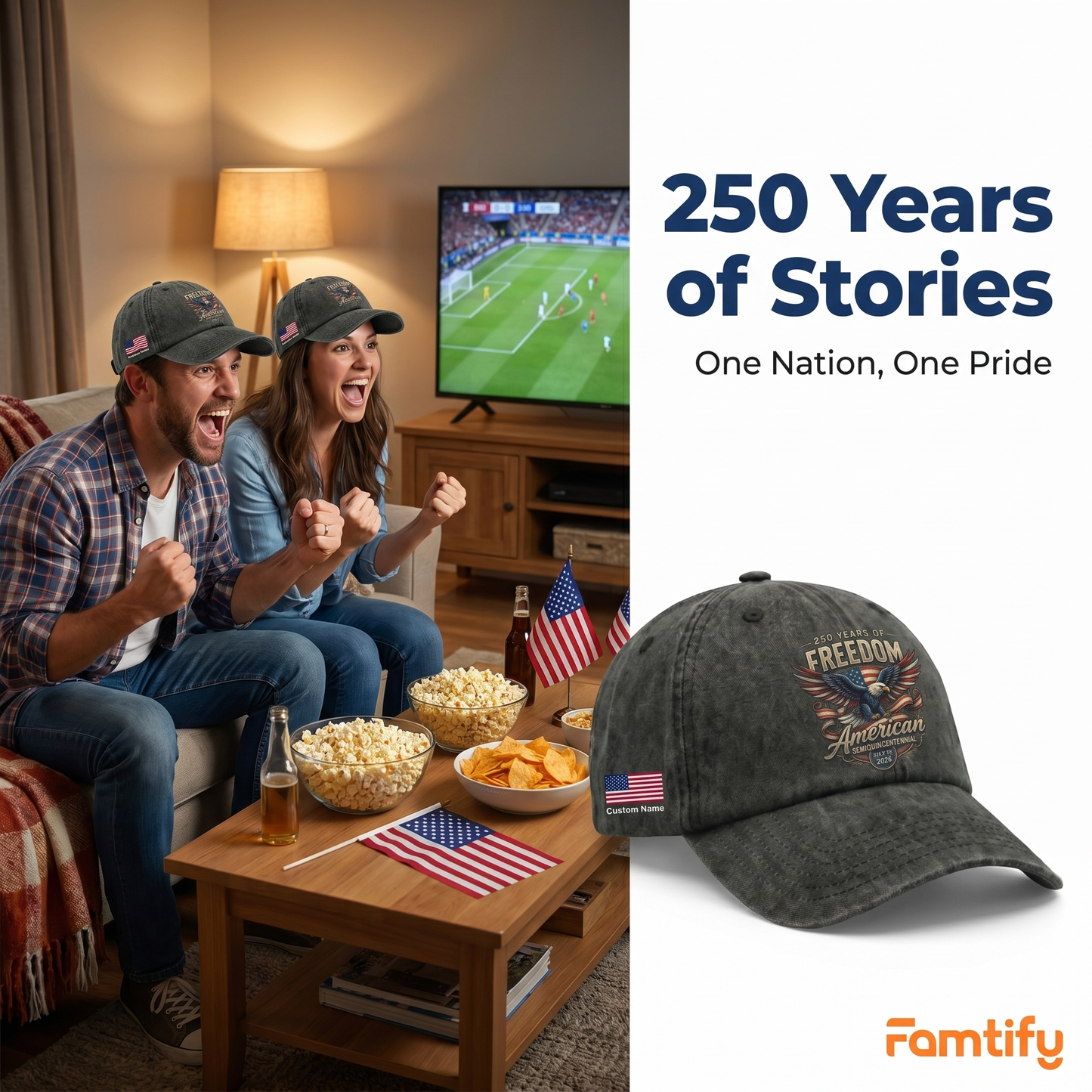 250 Years of Freedom American Eagle Washed Denim Baseball Cap – Custom Name Patriotic USA Hat 1776-2026