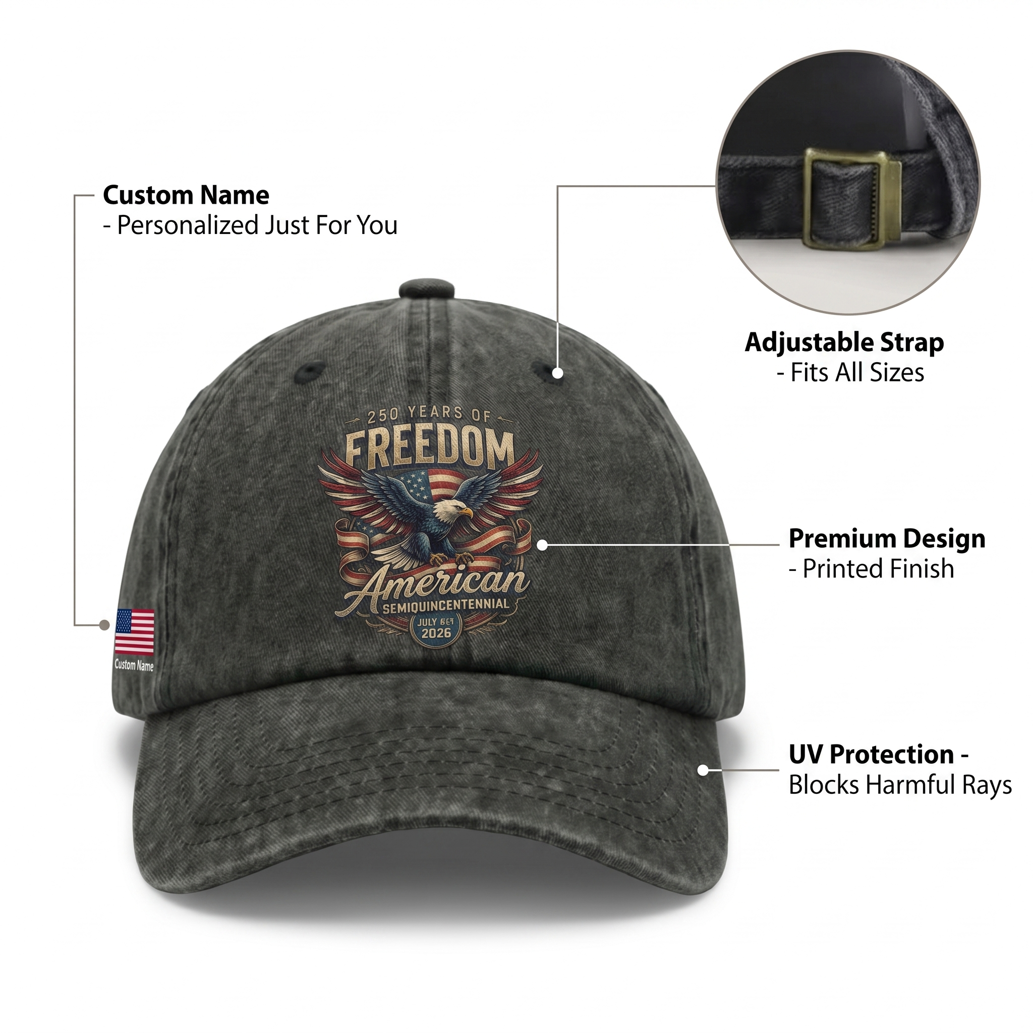 250 Years of Freedom American Eagle Washed Denim Baseball Cap – Custom Name Patriotic USA Hat 1776-2026