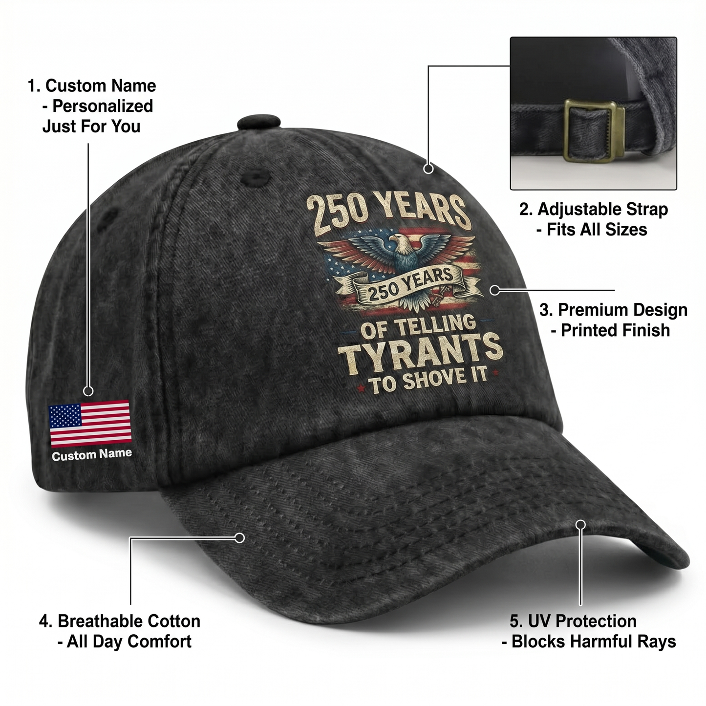 250 Years of Telling Tyrants Eagle Washed Denim Baseball Cap – Custom Name Patriotic USA 250th Anniversary Hat