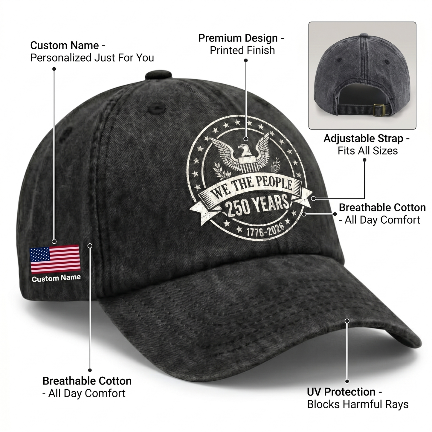 We The People 250 Years Eagle Washed Denim Baseball Cap – Custom Name Patriotic USA 1776-2026 Anniversary Hat