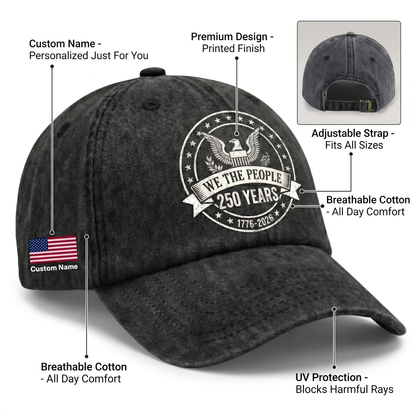 We The People 250 Years Eagle Washed Denim Baseball Cap – Custom Name Patriotic USA 1776-2026 Anniversary Hat