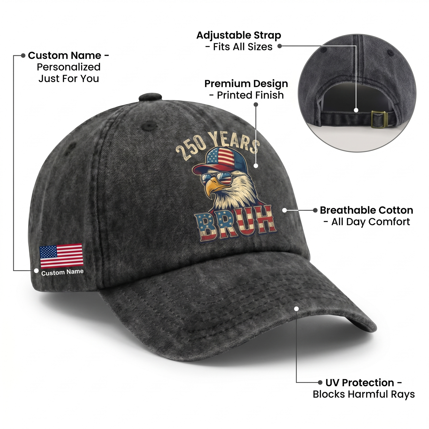 250 Years Bruh Eagle Washed Denim Baseball Cap – Custom Name Patriotic USA 1776-2026 250th Anniversary Hat