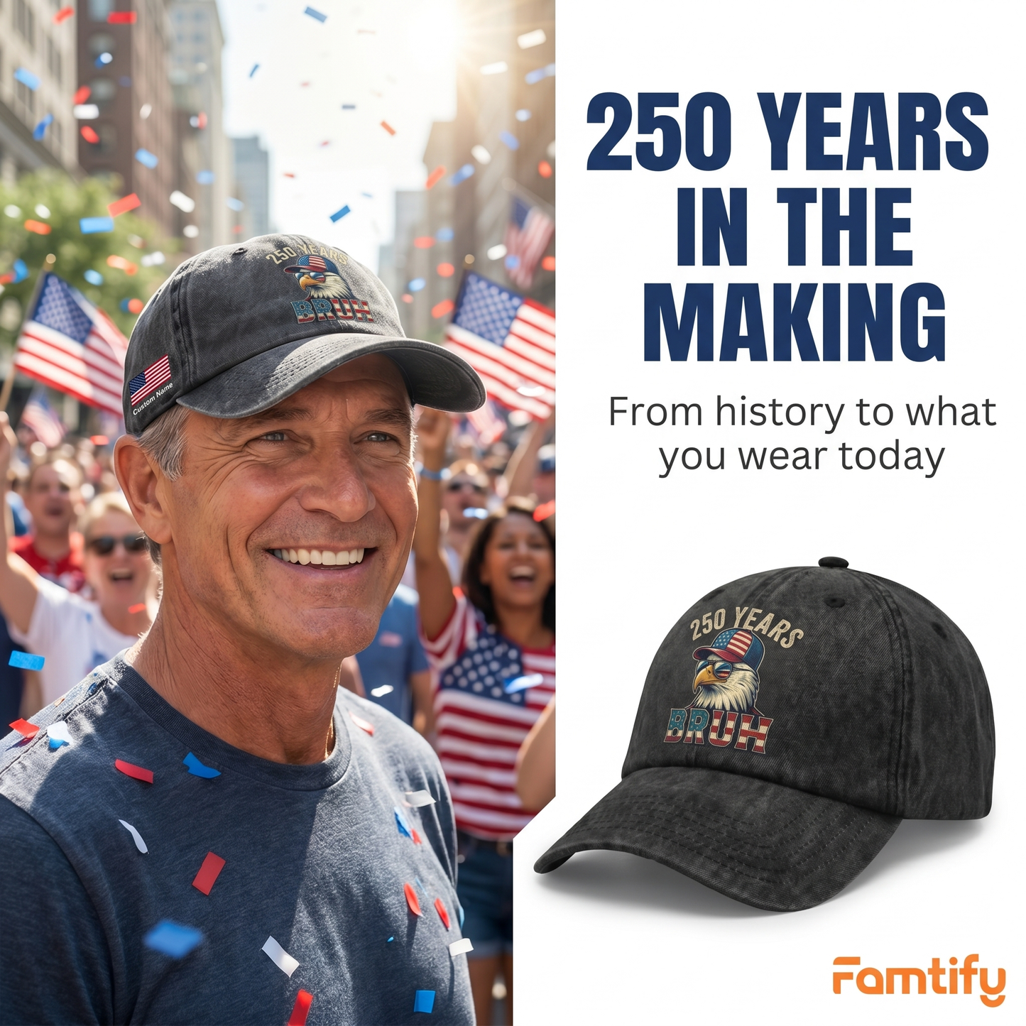 250 Years Bruh Eagle Washed Denim Baseball Cap – Custom Name Patriotic USA 1776-2026 250th Anniversary Hat