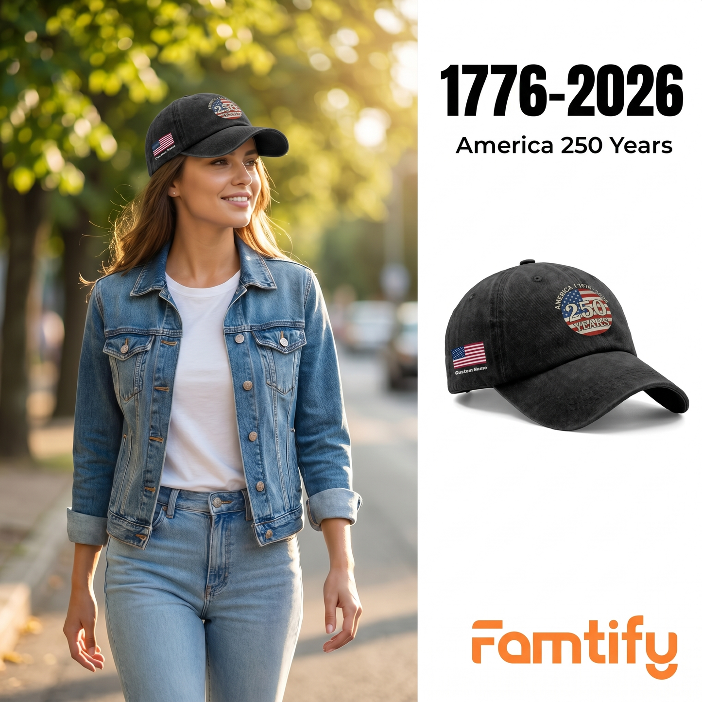 America 250 Years 1776-2026 Embroidered Washed Denim Baseball Cap – Custom Name Patriotic USA Anniversary Hat