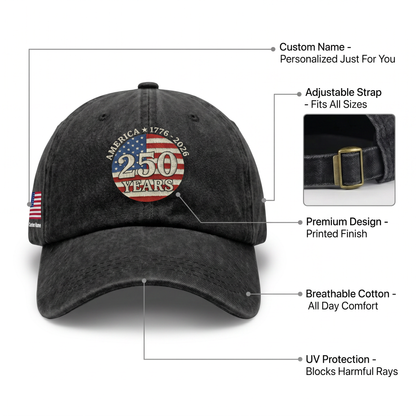 America 250 Years 1776-2026 Embroidered Washed Denim Baseball Cap – Custom Name Patriotic USA Anniversary Hat