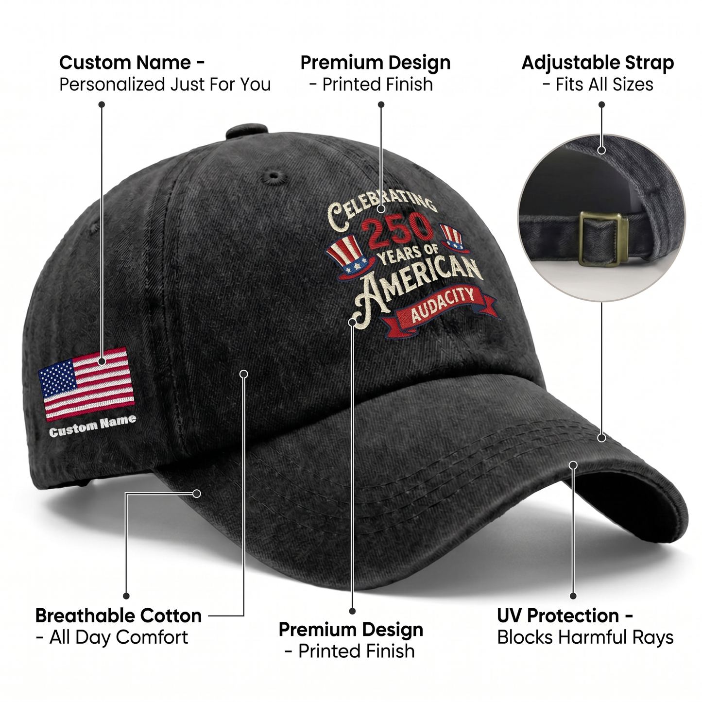 Celebrating 250 Years of American Audacity Embroidered Washed Denim Baseball Cap – Custom Name Patriotic USA Anniversary Hat