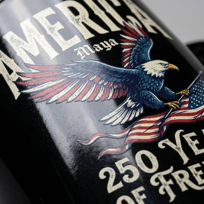 America 250 Years of Freedom Personalized Black Mug – Patriotic Eagle Flag USA Anniversary Mug