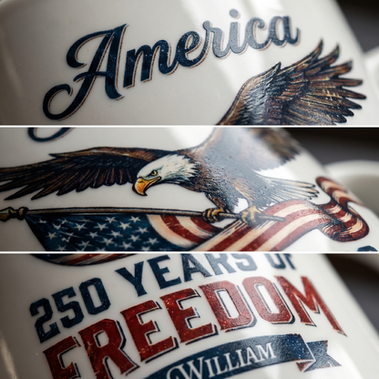 America Semiquincentennial 250 Years of Freedom Personalized White Mug – USA 1776–2026 Patriotic Eagle Anniversary Mug