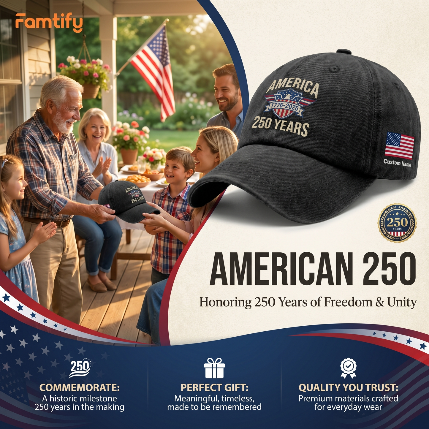 America 250th Anniversary 1776-2026 Embroidered Baseball Cap – Custom Name Patriotic USA Washed Denim Hat