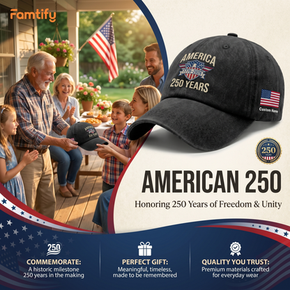 America 250th Anniversary 1776-2026 Embroidered Baseball Cap – Custom Name Patriotic USA Washed Denim Hat