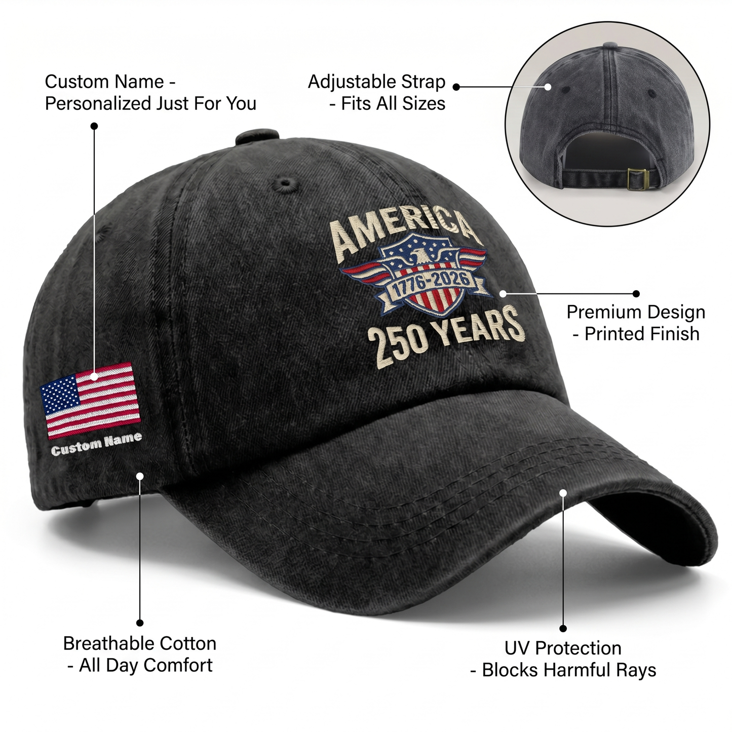 America 250th Anniversary 1776-2026 Embroidered Baseball Cap – Custom Name Patriotic USA Washed Denim Hat