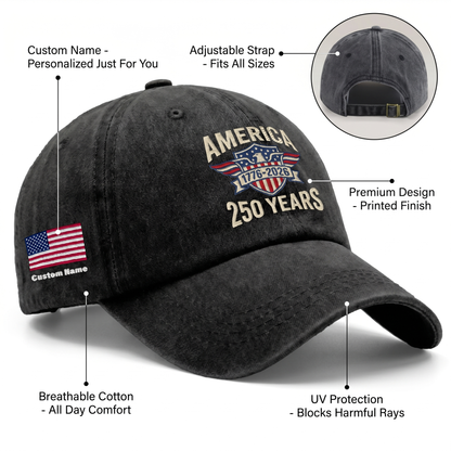 America 250th Anniversary 1776-2026 Embroidered Baseball Cap – Custom Name Patriotic USA Washed Denim Hat
