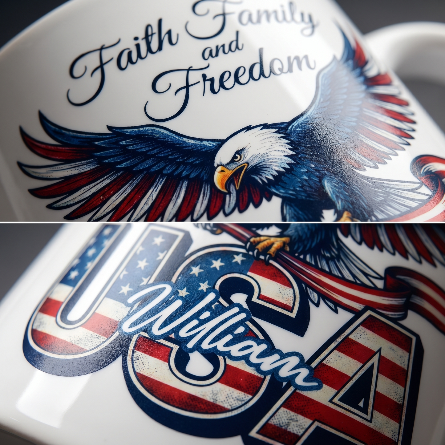 Faith Family and Freedom USA Personalized White Mug – America 250 Years Patriotic Eagle Mug