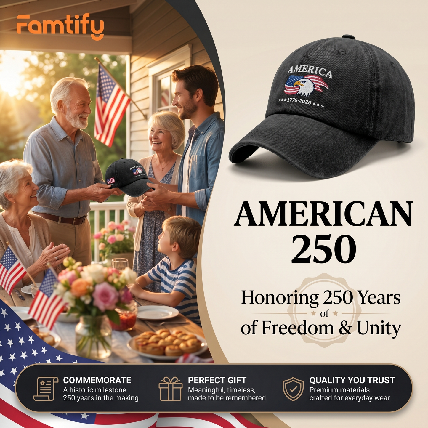 America 250 Years 1776-2026 Eagle Embroidered Washed Denim Baseball Cap – Custom Name Patriotic USA Anniversary Hat