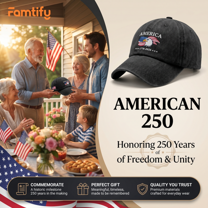 America 250 Years 1776-2026 Eagle Embroidered Washed Denim Baseball Cap – Custom Name Patriotic USA Anniversary Hat