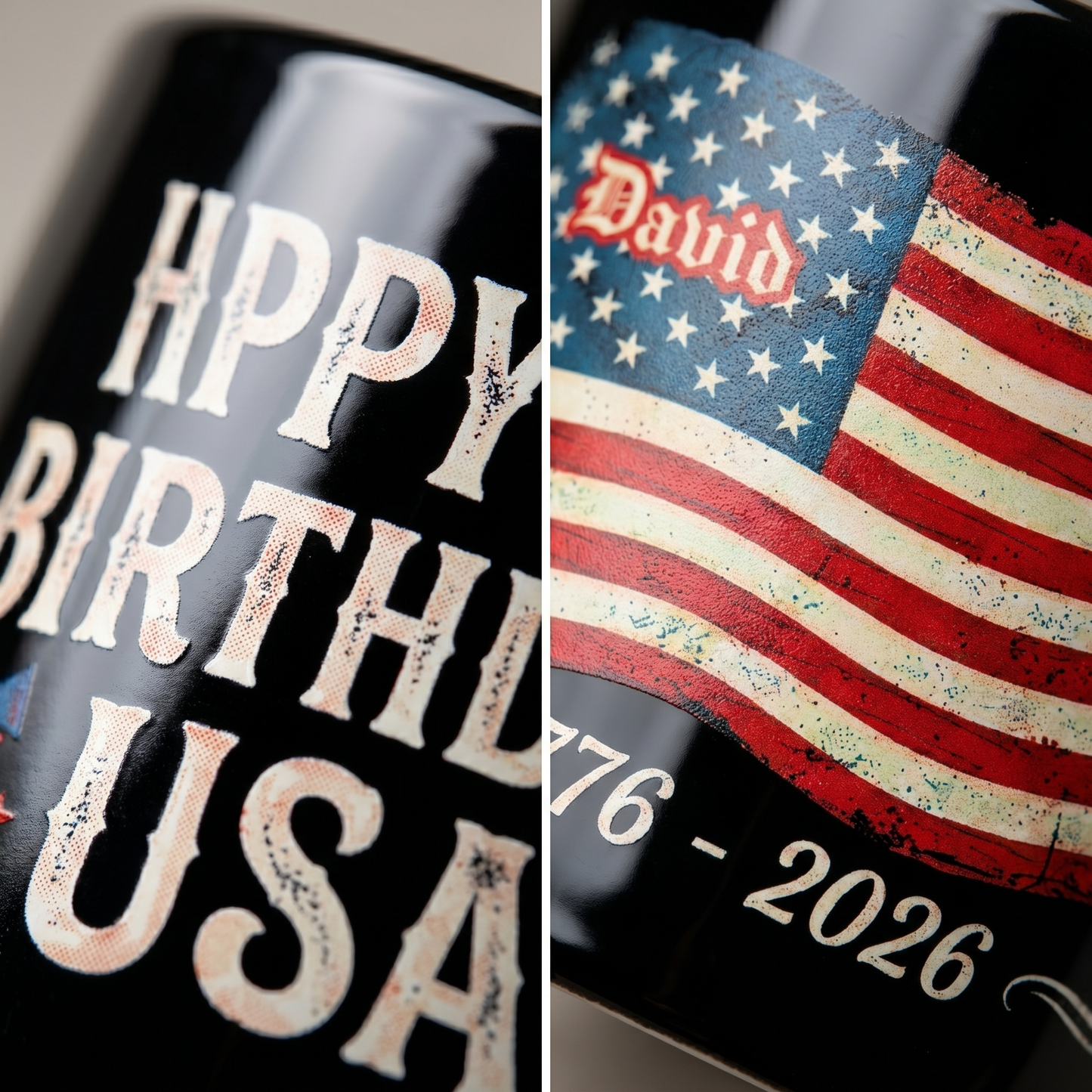 Happy 250th Birthday America Personalized Black Mug – USA 1776–2026 Patriotic Flag Anniversary Mug