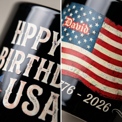Happy 250th Birthday America Personalized Black Mug – USA 1776–2026 Patriotic Flag Anniversary Mug