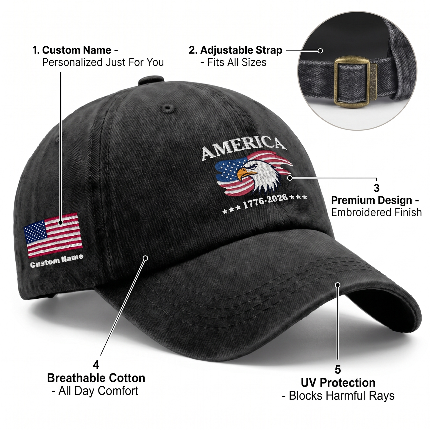 America 250 Years 1776-2026 Eagle Embroidered Washed Denim Baseball Cap – Custom Name Patriotic USA Anniversary Hat