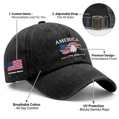 America 250 Years 1776-2026 Eagle Embroidered Washed Denim Baseball Cap – Custom Name Patriotic USA Anniversary Hat