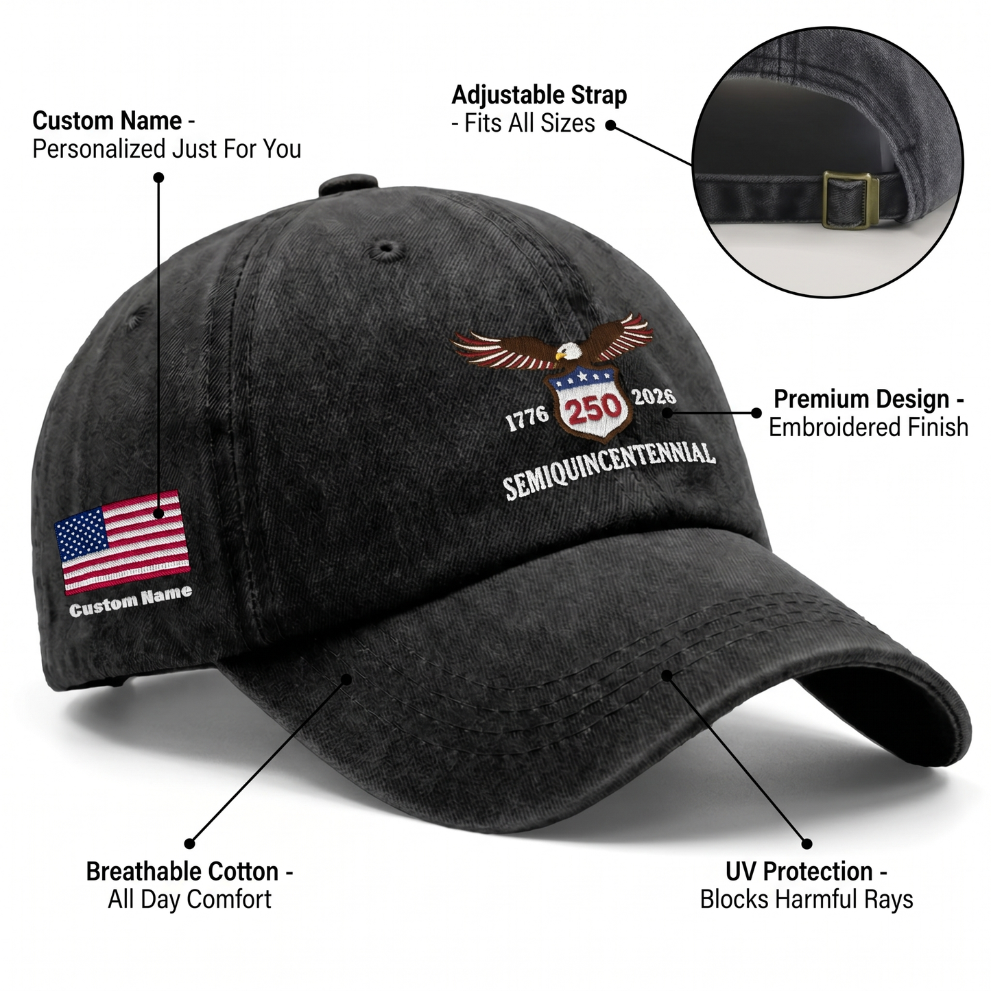 USA 250th Semiquincentennial 1776-2026 Eagle Embroidered Washed Denim Baseball Cap – Custom Name Patriotic Anniversary Hat