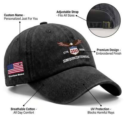 USA 250th Semiquincentennial 1776-2026 Eagle Embroidered Washed Denim Baseball Cap – Custom Name Patriotic Anniversary Hat