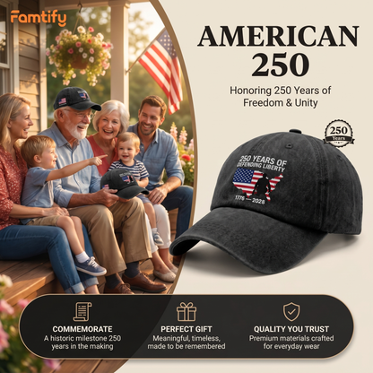 250 Years of Defending Liberty 1776-2026 Embroidered Washed Denim Baseball Cap – Custom Name Patriotic USA Military Anniversary Hat