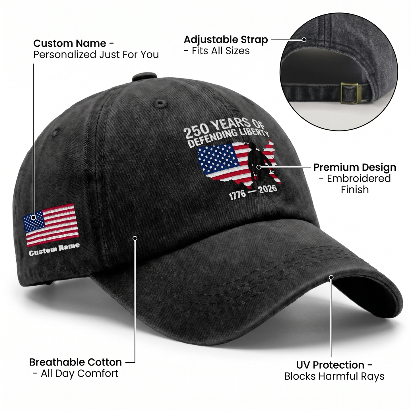 250 Years of Defending Liberty 1776-2026 Embroidered Washed Denim Baseball Cap – Custom Name Patriotic USA Military Anniversary Hat