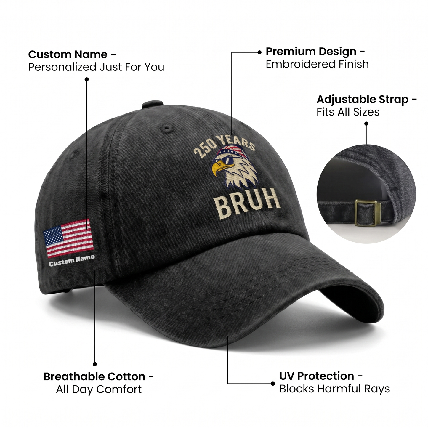 250 Years Bruh Eagle Embroidered Washed Denim Baseball Cap – Custom Name Patriotic USA 250th Anniversary Hat