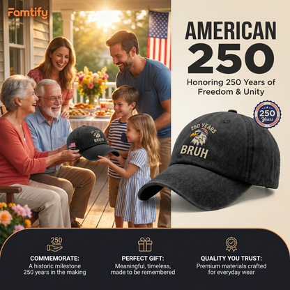 250 Years Bruh Eagle Embroidered Washed Denim Baseball Cap – Custom Name Patriotic USA 250th Anniversary Hat