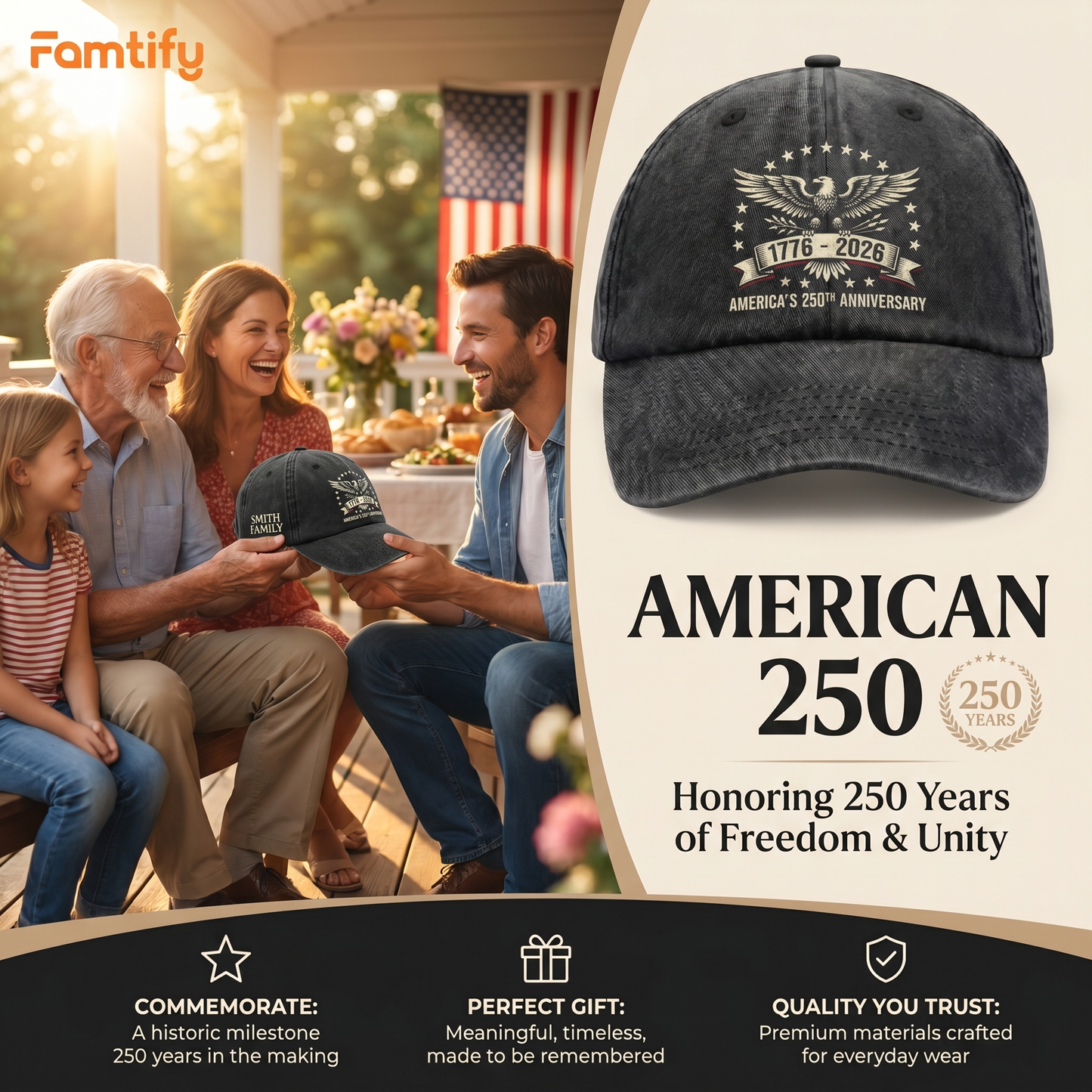 USA 250th Anniversary 1776–2026 Custom Name Washed Denim Cap – Meaningful Gift for Family