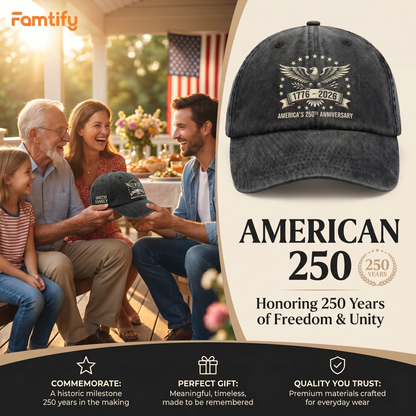 USA 250th Anniversary 1776–2026 Custom Name Washed Denim Cap – Meaningful Gift for Family