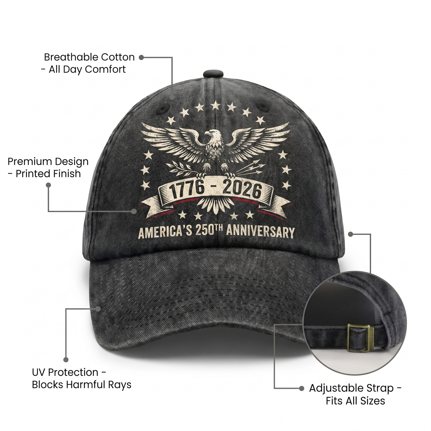 USA 250th Anniversary 1776–2026 Custom Name Washed Denim Cap – Meaningful Gift for Family