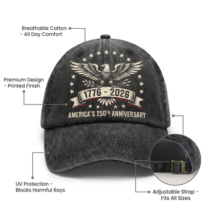 USA 250th Anniversary 1776–2026 Custom Name Washed Denim Cap – Meaningful Gift for Family