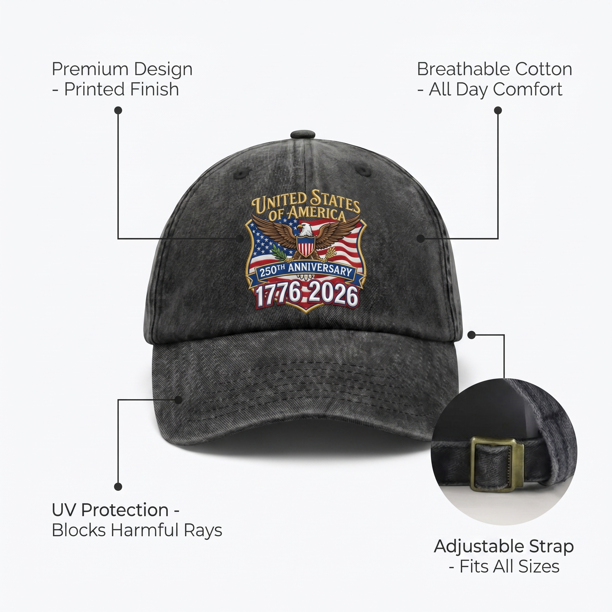 1776–2026 American 250th Anniversary Eagle Washed Denim Cap – Personalized Patriotic Gift for Dad