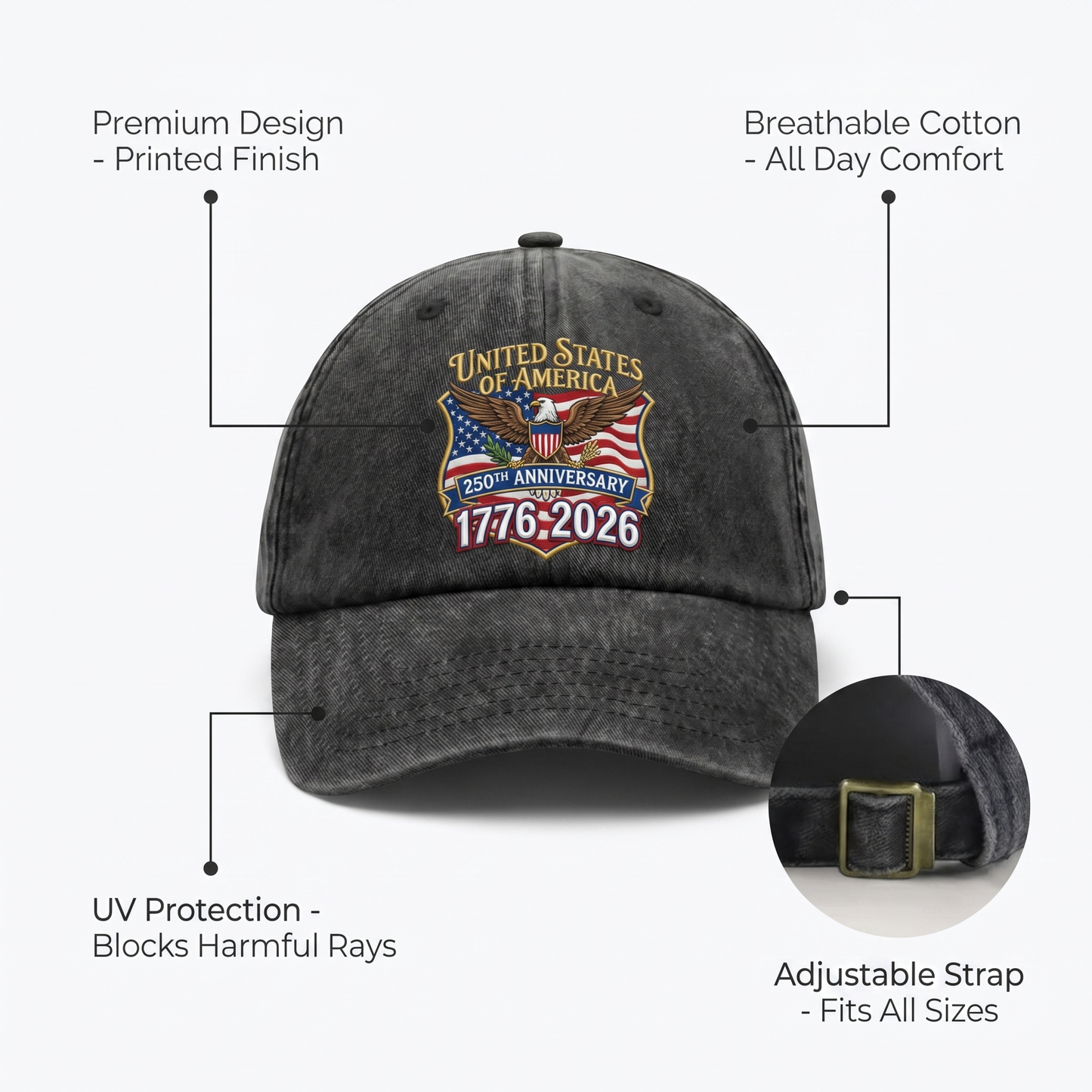 1776–2026 American 250th Anniversary Eagle Washed Denim Cap – Personalized Patriotic Gift for Dad