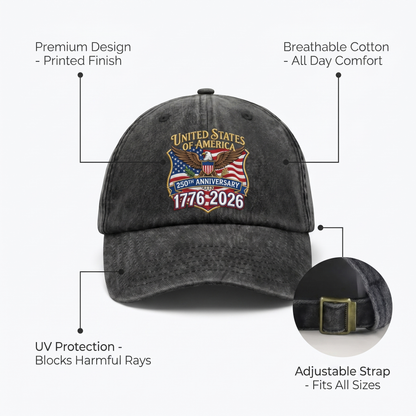 1776–2026 American 250th Anniversary Eagle Washed Denim Cap – Personalized Patriotic Gift for Dad
