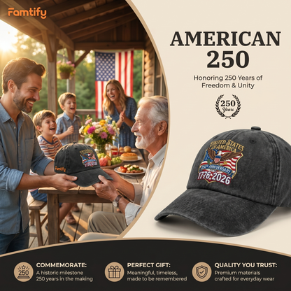 1776–2026 American 250th Anniversary Eagle Washed Denim Cap – Personalized Patriotic Gift for Dad