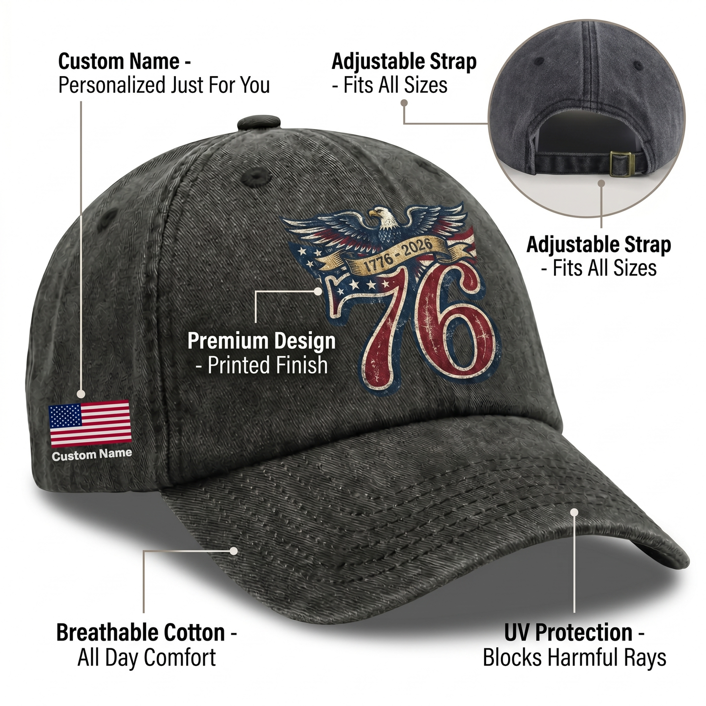 1776 USA Independence Day Washed Denim Cap – Custom Name Patriotic Family Gift