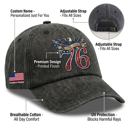 1776 USA Independence Day Washed Denim Cap – Custom Name Patriotic Family Gift
