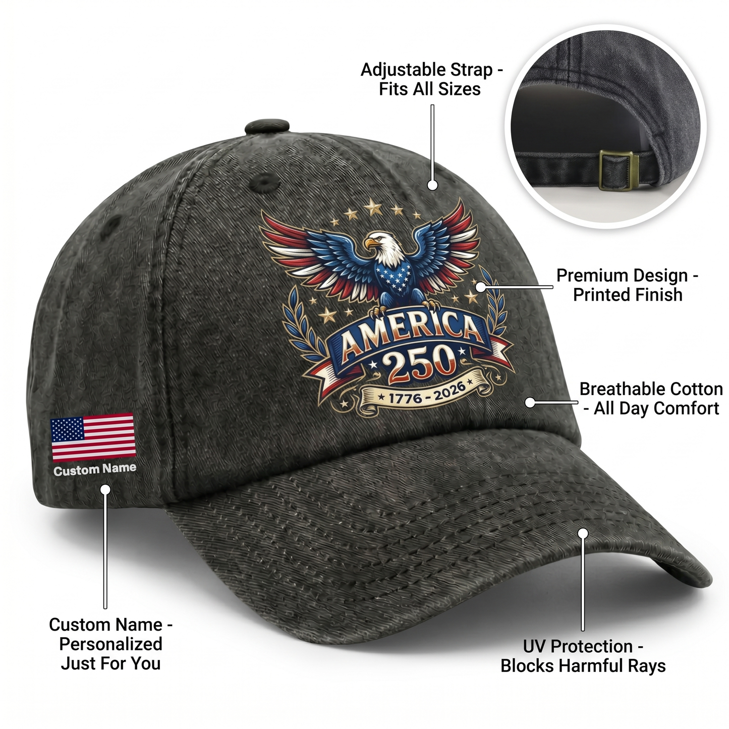 America 250 Washed Denim Baseball Cap – Personalized Eagle USA Patriotic Hat 1776–2026