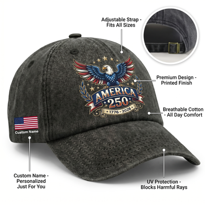 America 250 Washed Denim Baseball Cap – Personalized Eagle USA Patriotic Hat 1776–2026